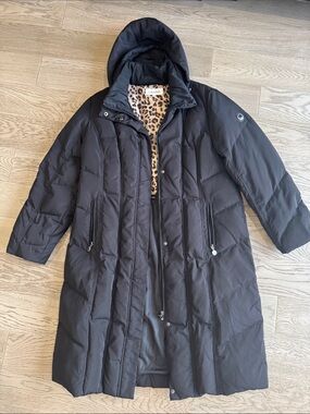 Calvin Klein Black Hooded Long Puffer Coat with Leopard Lining XXL